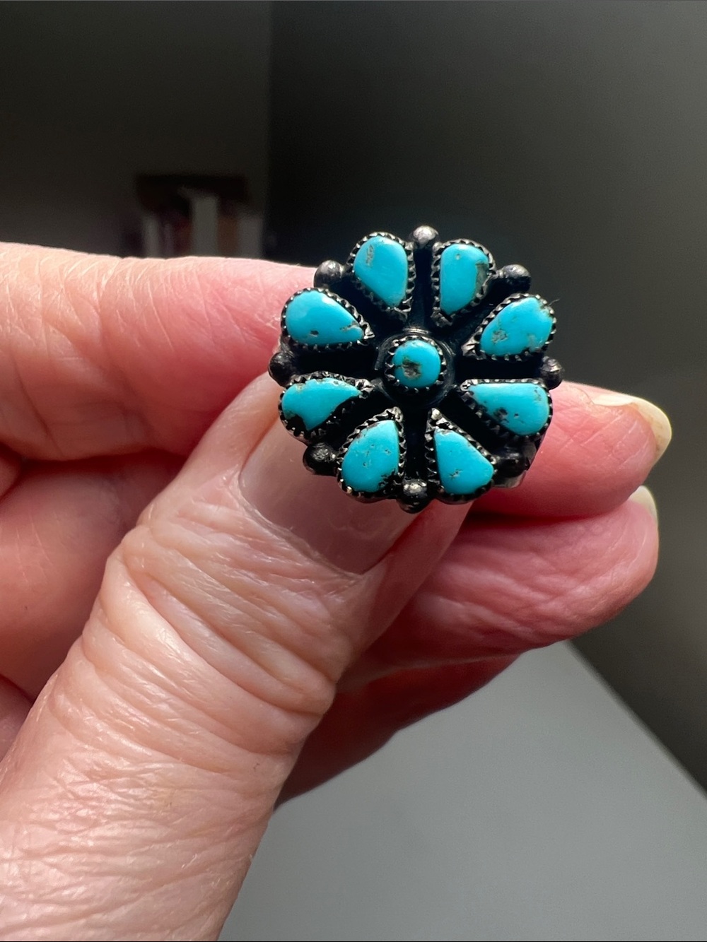 Turquoise Cluster Floral Ring in Silver Tone - Heirloom - Picture 9 of 16